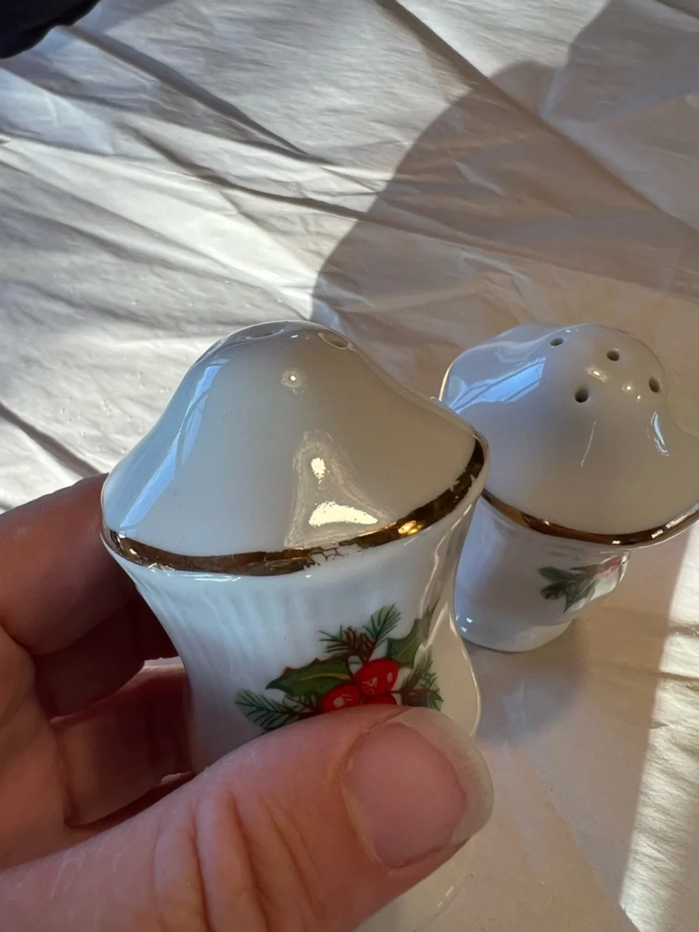 Walbrzych Porcelain Holiday Holly Salt and Pepper Shaker Set with Gold Trim